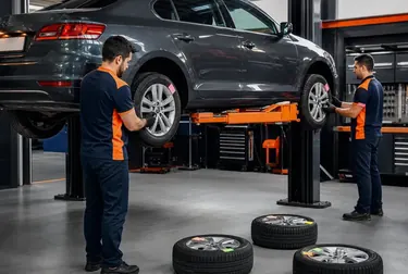 Mecânico efetua rodízio de pneus, garantindo uma distribuição equilibrada e prolongando a vida útil dos pneus.