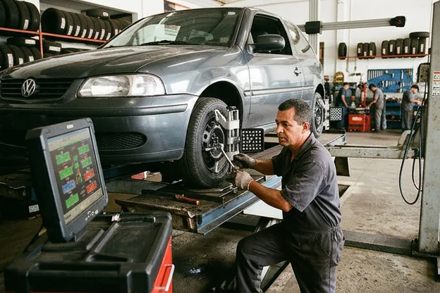 Mecânico usa equipamento de alinhamento para ajustar as rodas de um veículo de forma precisa.