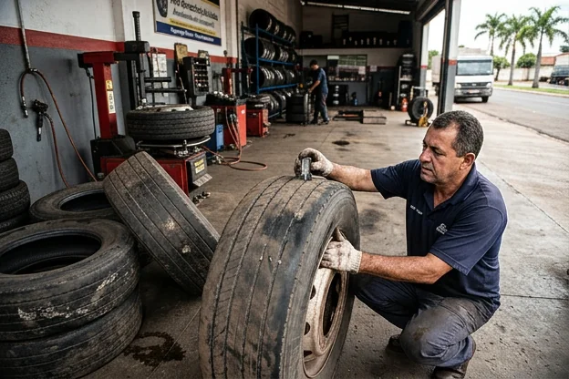 Pneus desgastados estão sendo avaliados para troca, enfatizando a segurança do veículo.