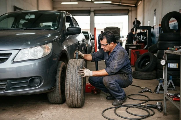 Pneus são inspecionados por um técnico, demonstrando cuidados na manutenção de veículos.
