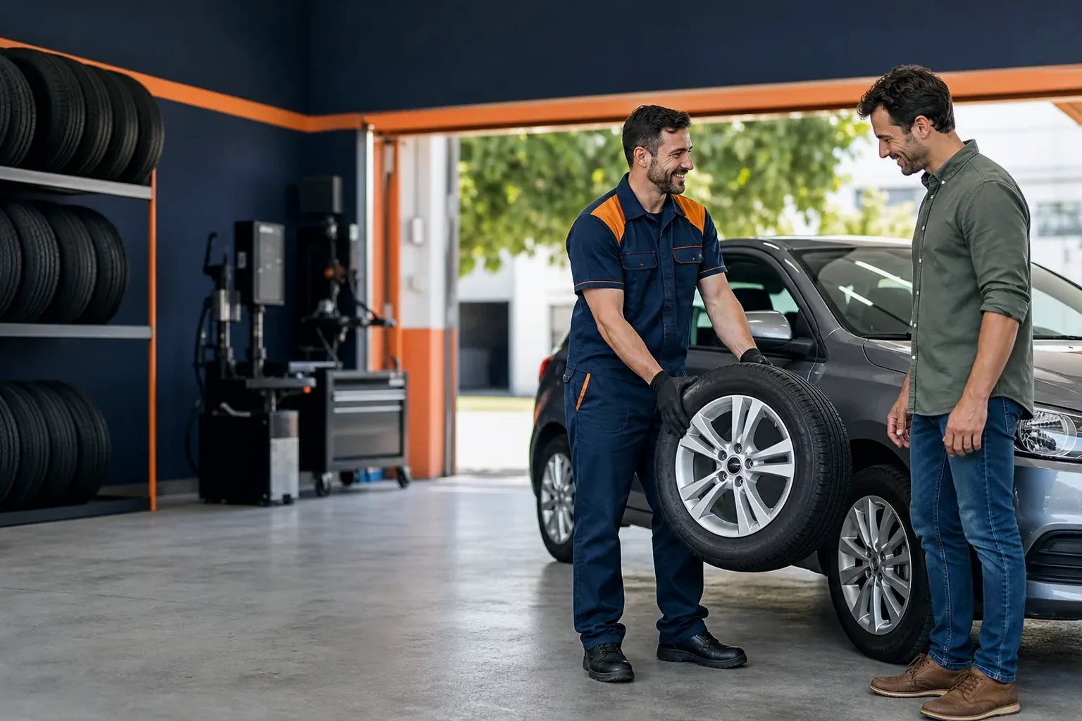 Profissional atendendo cliente em borracharia, usando ferramentas para oferecer serviços específicos.