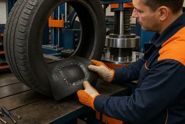 Técnico aplica vulcanização em um pneu, assegurando a qualidade e durabilidade do reparo.