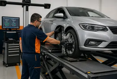 Técnicos calibram e ajustam a posição de rodas de um carro em uma borracharia.