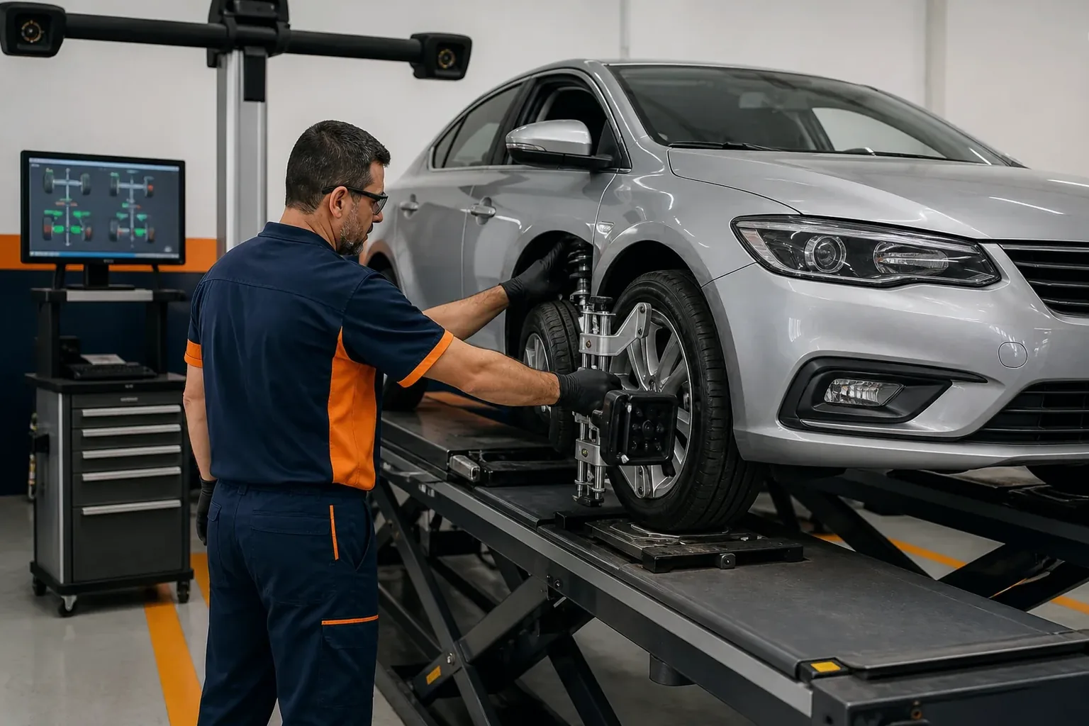 Técnicos calibram e ajustam a posição de rodas de um carro em uma borracharia.