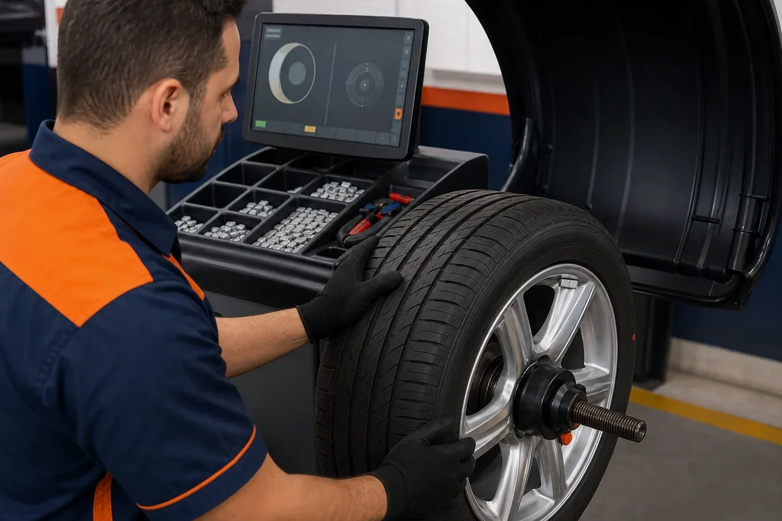 Um mecânico está realizando o balanceamento das rodas de um carro para melhor dirigibilidade.