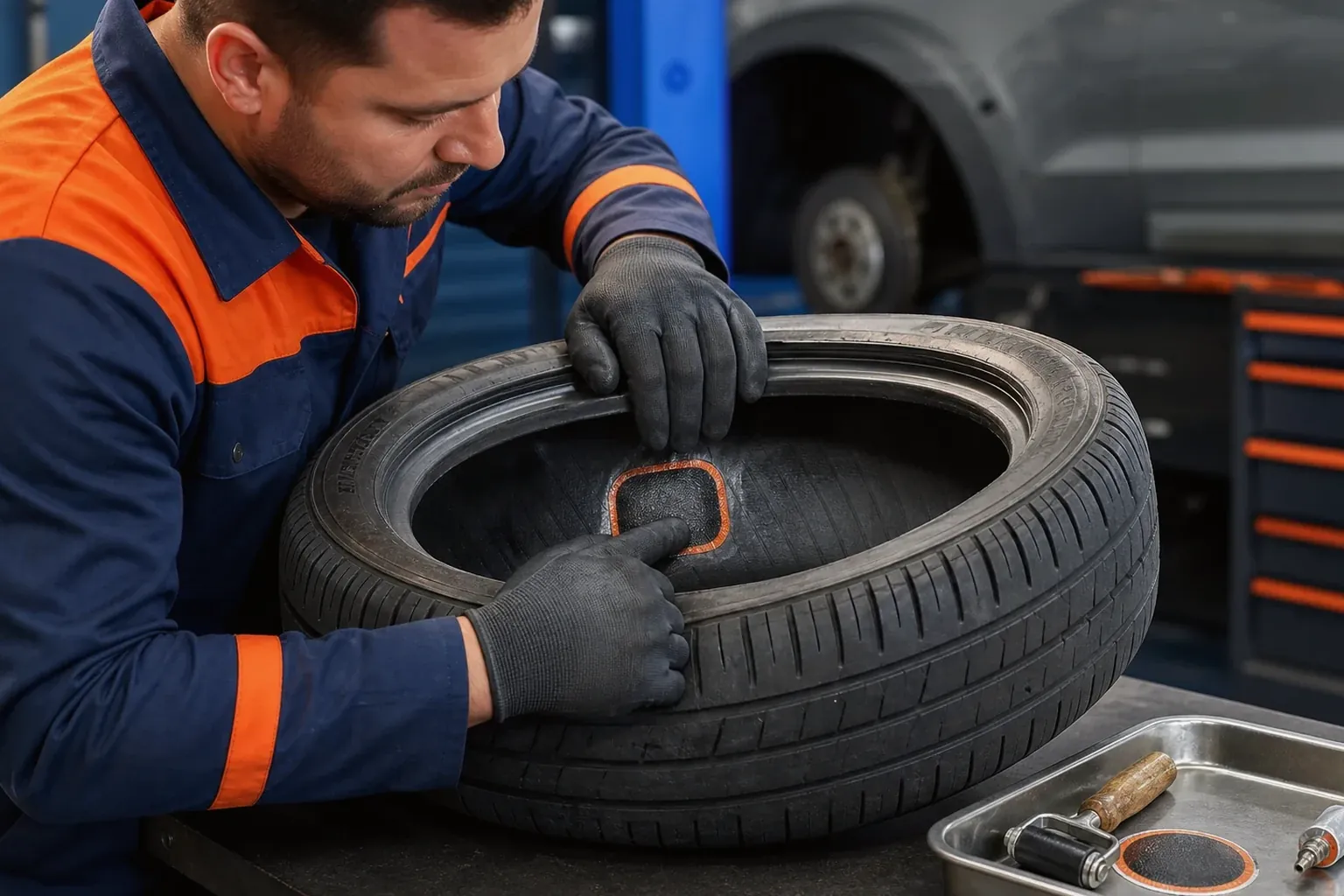 Um mecânico está utilizando ferramentas para consertar um pneu em um carro.